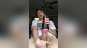 WOW Huge Cock Teen Strokes his Huge Cock With Fleshlight Till Cumshot!