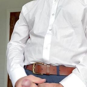 Wank and cumshot in buttoned up white shirt.