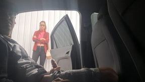 Hot handjob in car by student in public setting