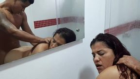 Busty Latina MILF gives stepson a sloppy blowjob and gets fucked hard in