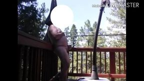 Naked hard cock jackoff near busy road