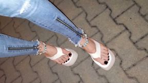 Night walk in my ripped skinny jeans &amp; ultra-high white platform flip-flops, showing off my painted toes