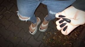 Night walk in my ripped skinny jeans &amp; ultra-high white platform flip-flops, showing off my painted toes