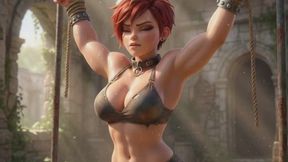 muscled sexy thicc cartoon bitch is suspended in bondage and has her arms stretched watch her struggle