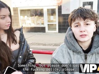 VIP4K. two worthy-looking Lesbian babes don't mind to having a three-some with a stranger from the train