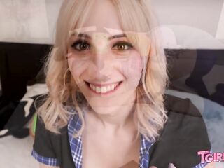 T-GIRLS.XXX Golden-haired Trans Woman with Pigtails Masturbates with Blue Sex toy on Daybed