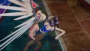 Dva gets ravished by futa mercy at pool party with oily body soaked by pool water