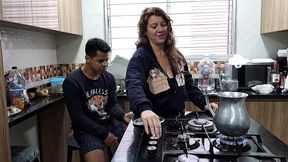 Stepsister sucking cock in the kitchen