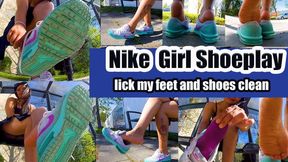 Sexy girl wears her Nike barefoot and shows you her sweaty insoles and feet lick my feet and shoes clean Shoeplay dipping Dangling