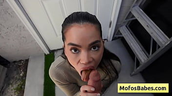 Petite brunette Angelina Moon deep-throats huge cock in POV