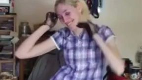 Skinny blonde teen strips and pleases herself with fingering