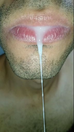 Cum in my mouth, play with your cum, and swallow it, close-up, naughty gay, tongue, sloopy