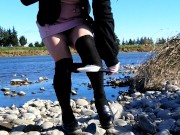 Cute crossdresser Honoka masturbated on the riverbank and peed herself.