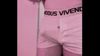 Horny flatmate caught playing with his big thick cock in undies, then takes it out