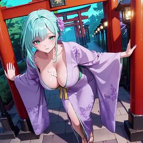 Purple Kimono Goddess! Can't Handle the Wetness Under the Red Torii Gate