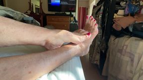Mature Gives Handjob then gets Feet Covered In Cum