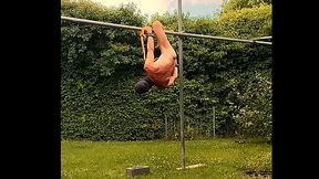 naked pathetic white slave during outdoor party tied up swings around at my testicles, enjoy the guests, CMNM