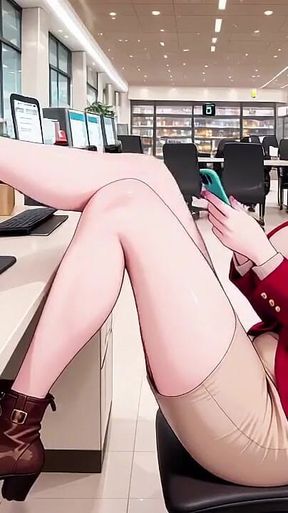 Red Suit Blonde; From Supermarket Stroll to Lazy Orgasm, She Even Puts Her Legs up on the Desk?