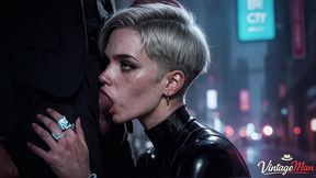 a successful businesswoman doubles as a whore for old perverts in a cyberpunk world [ai]
