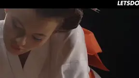 Inked brunette performs dirty foot job and deepthroat