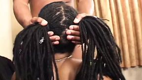 Dark-haired beauty servicing erect cock&#x1F32D;, milking cum as she kneels, big tits prominent