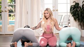 ”Stunning yoga instructor Kali seduces hot Carolina & Violet”