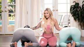 ”Stunning yoga instructor Kali seduces hot Carolina & Violet”