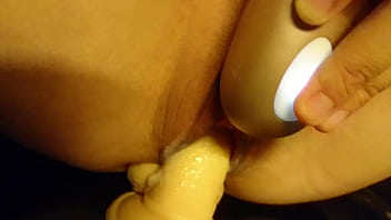 Dildo and satisfyer to orgasm in The kitchen