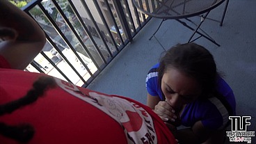 Sexy Carmela Clutch Gets A Mouthful On Balcony