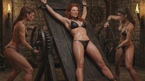 sexy red head animated babe is tied to a rack in the dungeon and stretched by two kinky fetishists in BDSM bondage