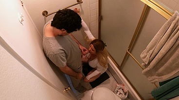 Stepmom and stepson have a secret rendez-vous in the bathroom during a family dinner