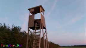 Outdoor special: Jerk off, vibrator, precum and hands-free cumshot on a hunter stand