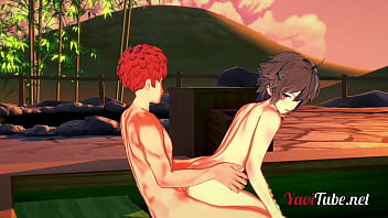 Fate Yaoi - Shirou &amp_ Sieg Having Sex in a Onsen. Blowjob and Bareback Anal with creampie and cums in his mouth 2/2