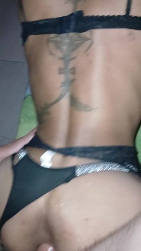 Femboy gets fucked in black lingerie deep throat   Clip 1