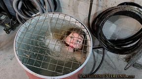 Naked but for Pantyhose, Wench with Tiny Tits is Cleave Gagged & Locked in Barrel for a Water Bondage Bath! High Definition MP4 Version