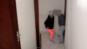 Married woman paying lost bet. Blowjob on the doorstep.