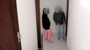Married woman paying lost bet. Blowjob on the doorstep.