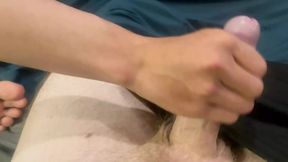 Young step son touches step dad first time in bed. Help get hard then cum over hand and shorts.