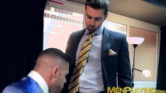 Executive in suit and tie gets blowjob and hard anal fuck