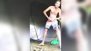 Public stroking monster cock in a culvert huge load