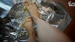 Long Legged Woman Mashing Bananas With Her Huge European Feet