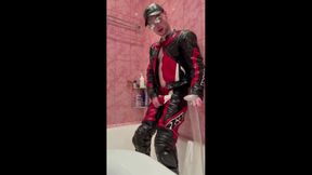 Leather Biker Kinkysirius Take a Shower in Motogear Fetish Outfit!
