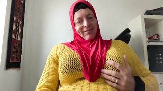 Fatima-cumming in red hijab and knitted dress