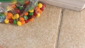 Pretty Pedicure in Heels Sandals Crushing Skittles Candy