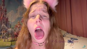 Ahegao, Cute Anime Girl with Ears and Collar Has Multiple Orgasms