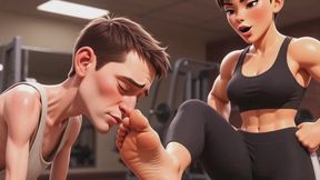 Strong Muscular Woman Makes Skinny Slave Lick Her Feet