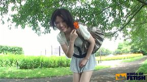 Skinny Japanese Girl Walks with a Toy Inside Her Bush Before Sucking a Man