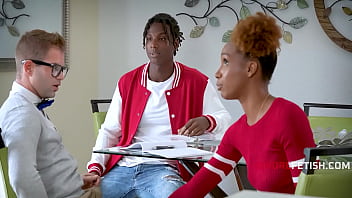 Jock ignores nerdy girl's BBC wishes, gets spit roasted by her ebony friends