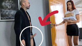 Perverted grandpa receives delivery girl with her dick out!