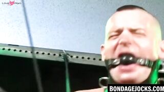 Hairy muscular man moans as he is bound and tormented